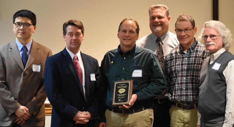 Shown are (l-r) Dr. Hong Li, assistant professor, University of Delaware Department of Animal and Food Sciences; Mark Reiger, dean of the UD College of Agriculture and Natural Resources; Rory DeWeese, senior director of live operations at Allen Harim; Mark Isaacs, Carvel Center director; Ed Jewell, housing manager at Allen Harim; and Bernie Murphy, president of Jones Hamilton Co. SUBMITTED PHOTO